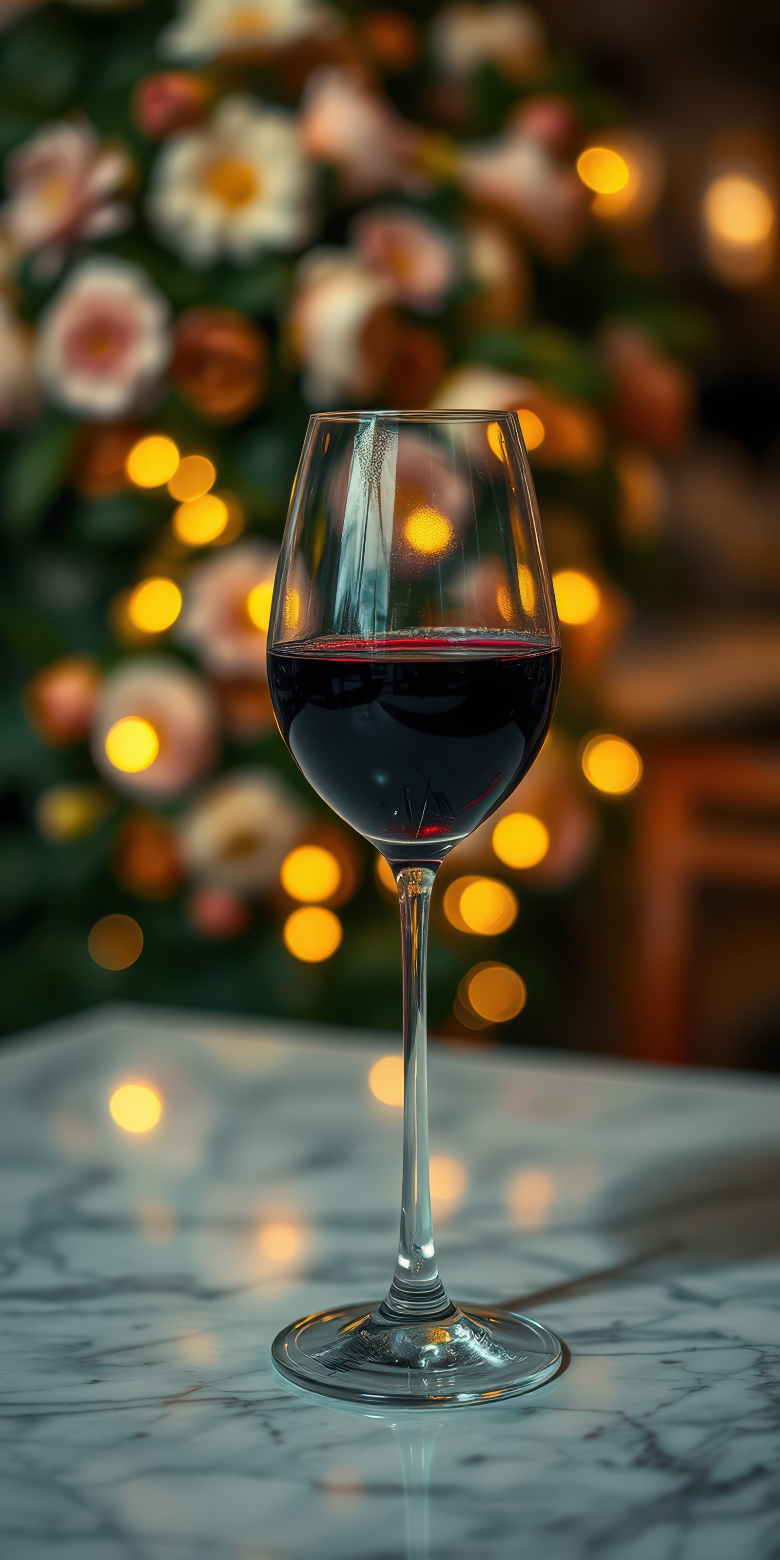 Elegant wine glass on a marble table with glowing flowers and soft lights in the background